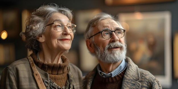 Un couple de personnes âgées admirant des œuvres d'art dans un musée discutant des pièces avec intrigue Concept Art Appréciation Un couple d' personnes âgées visite un musée Conversations profondes Expérience culturelle