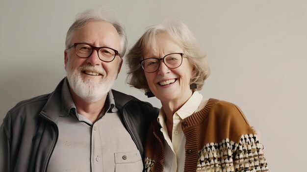 Un couple de personnes âgées affectueuses souriant doucement dans un portrait décontracté amour et joie intemporels capturés parfaits pour les thèmes familiaux IA