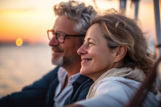 Couple de personnes âgées amoureux sur un yacht au coucher du soleil AI Generative