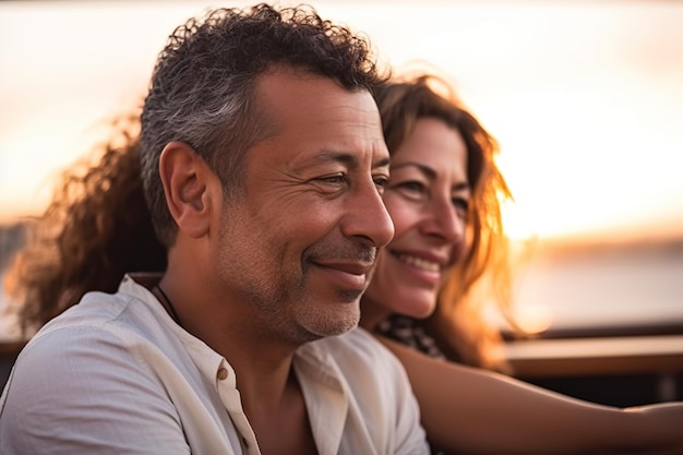 Couple de personnes âgées amoureux sur un yacht au coucher du soleil Generative AI