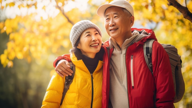 Couple de personnes âgées asiatiques souriant heureux et voyageant ensemble