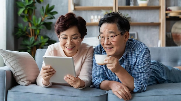 Un couple de personnes âgées asiatiques utilisant une tablette et buvant du café dans le salon à la maison. Un couple apprécie l'amour de sa mère.