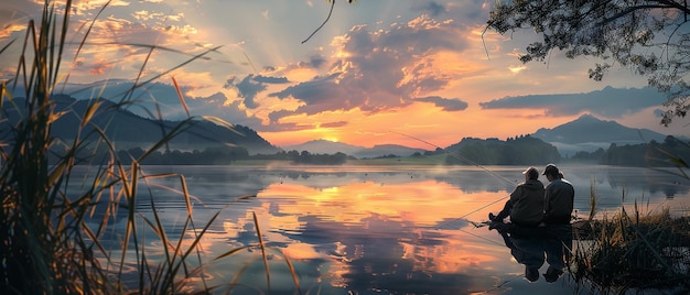 Un couple de personnes âgées assis au bord d'un lac tranquille