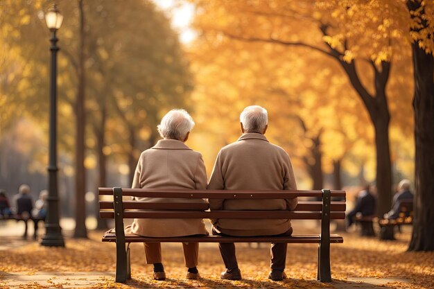 un couple de personnes âgées assis sur un banc en bois dans le parc en automne