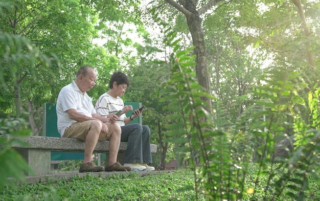 Couple de personnes âgées assis sur un banc lisant leur téléphone dans le parc