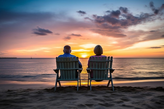 Couple de personnes âgées assis sur des chaises de plage regardant devant lui Generative Ai