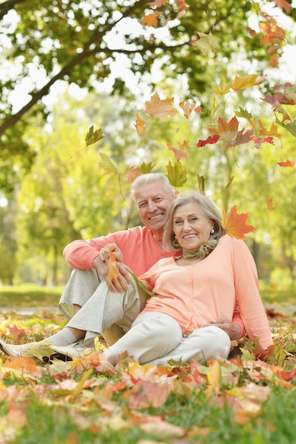 Couple de personnes âgées assis sur les feuilles d'automne dans le parc