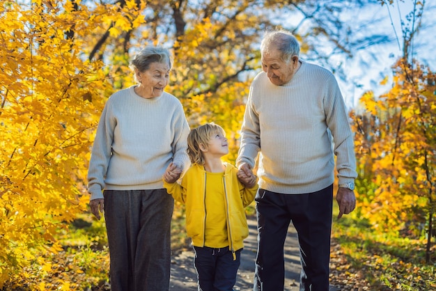 Couple de personnes âgées avec bébé petit-fils dans le parc en automne. Arrière-grand-mère, arrière-grand-père et arrière-petit-fils.