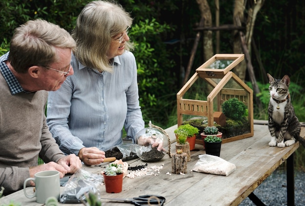 Photo couple de personnes âgées bénéficiant d'un passe-temps au terrarium