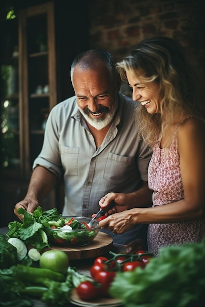 un couple de personnes âgées cuisinant dans une cuisine