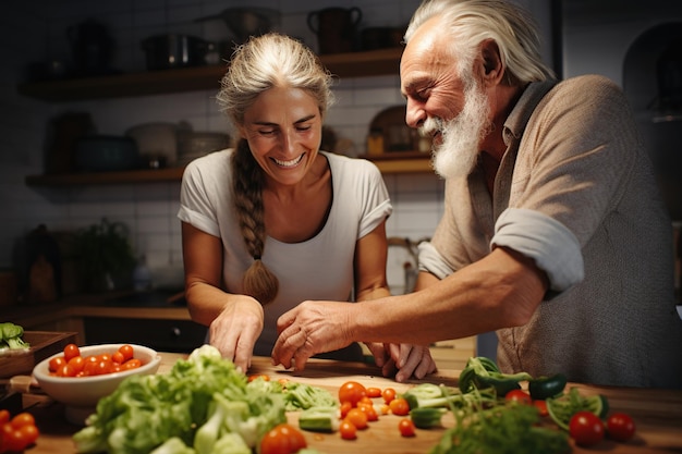 Couple de personnes âgées cuisinant ensemble IA générative