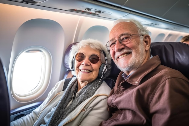 Couple de personnes âgées dans un concept de voyage en vol