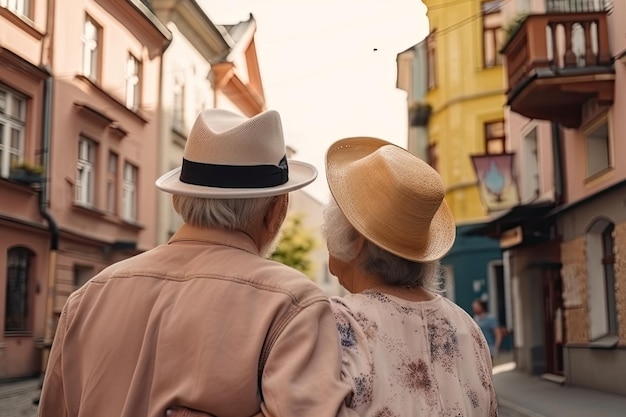 Couple de personnes âgées dans la rue de la ville Un homme et une femme âgés marchent ensemble AI générative