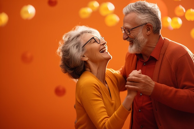 un couple de personnes âgées dansant joyeusement et se regardant avec bonheur sur fond de style bokeh