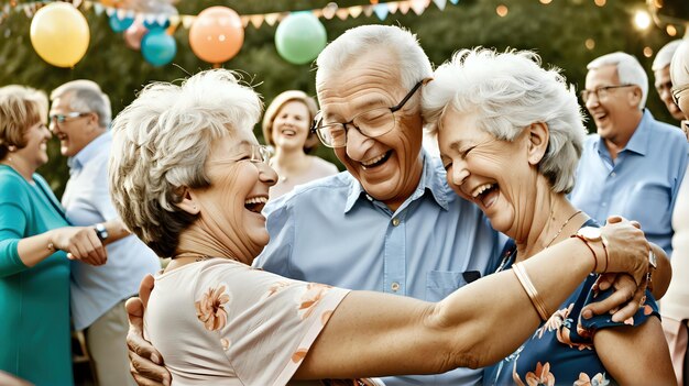 Un couple de personnes âgées dansent et rient ensemble lors d'une fête familiale