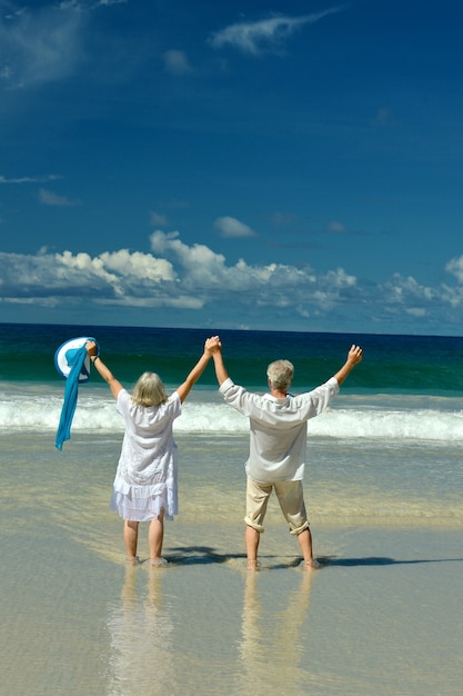 Couple de personnes âgées debout sur la plage face à la mer