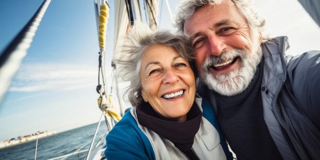 Un couple de personnes âgées détendu navigant sur un yacht de luxe.