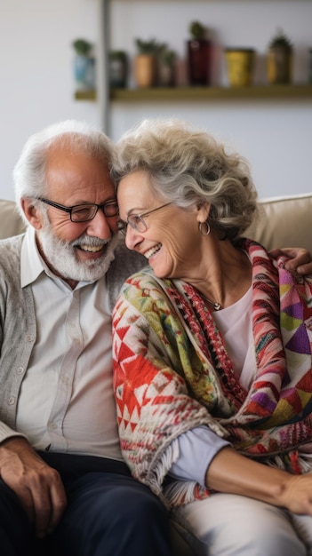 Un couple de personnes âgées est assis sur un canapé et sourit l'un à l'autre