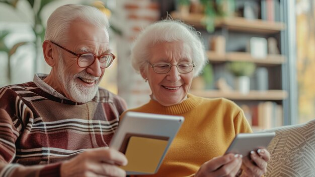 Un couple de personnes âgées explore le contenu sur une tablette entouré du confort de leur maison.