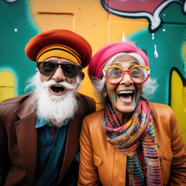 couple de personnes âgées expression heureuse contre le mur de graffitis colorés grunge généré par ai