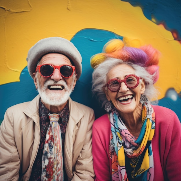 couple de personnes âgées expression heureuse contre le mur de graffitis colorés grunge généré par ai