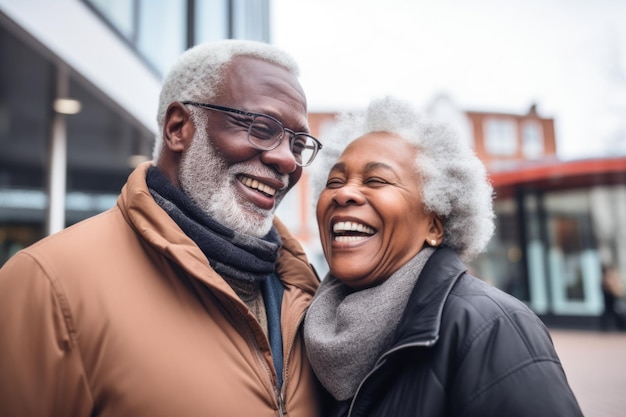 couple de personnes âgées expression heureuse à l'extérieur dans une ville générée par ai