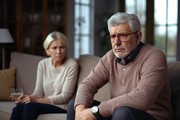 Couple de personnes âgées fatiguées, frustrées et en colère, assis séparément sur le canapé de la maison en silence, réfléchissant aux problèmes relationnels