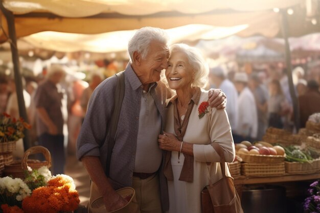 Un couple de personnes âgées heureuses se promènent main dans la main.