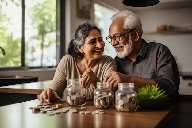 Un couple de personnes âgées heureux comptant des pièces à la maison Concept d'épargne Concept de retraite sûre