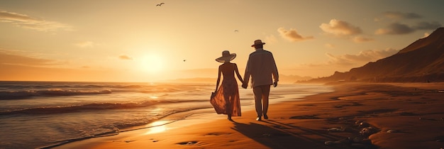 Un couple de personnes âgées heureux embrassant la splendeur de leurs années d'or au coucher de soleil de la plage majestueuse
