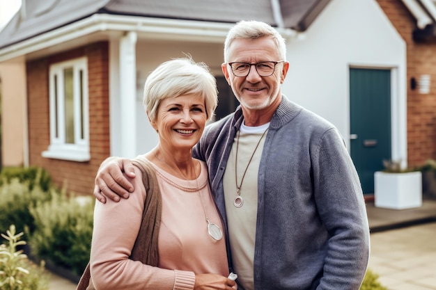 Un couple de personnes âgées heureux ensemble d'une nouvelle maison Un couple de personne âgée tenant la clé et se tenant à l'extérieur de la nouvelle maison Couple de retraite et concept immobilier créé avec la technologie Generate Ai