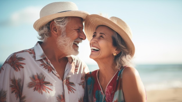 Un couple de personnes âgées heureux ensemble en train de se câliner sur la plage Portrait en gros plan Vacances de retraités Vieillesse heureuse Voyage image générée par l'IA