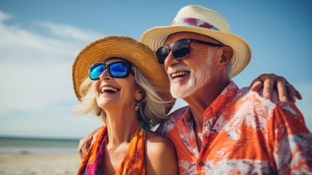 Un couple de personnes âgées heureux ensemble en train de se câliner sur la plage Portrait en gros plan Vacances de retraités Vieillesse heureuse Voyage image générée par l'IA