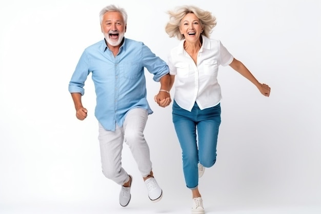 Un couple de personnes âgées heureux, en retraite, ensemble, souriants, amoureux, amusants, âgés, mûrs, portrait sur fond blanc.