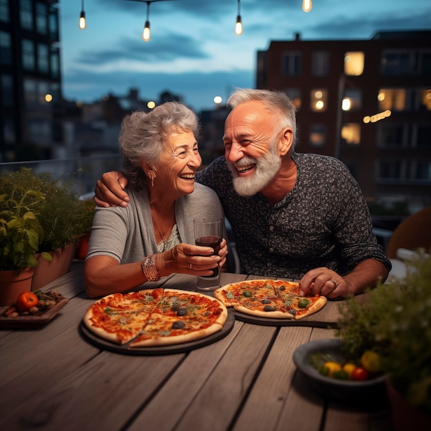 Un couple de personnes âgées heureux s'amusent à manger une pizza ensemble à l'extérieur dans un restaurant de pizzeria italienne traditionnelle assis et parlant et riant Les gens apprécient la nourriture et le style de vie des personnes âgées Retraite