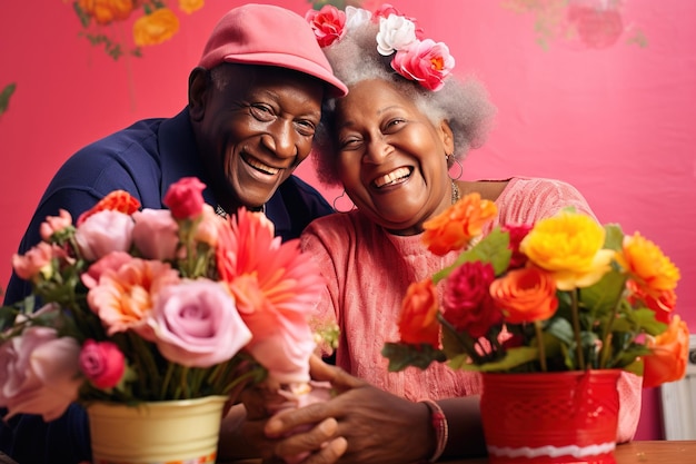 Photo un couple de personnes âgées heureux tenant des bouquets concept d'amour