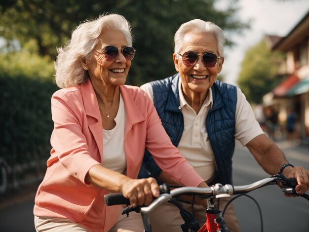Un couple de personnes âgées heureux à vélo