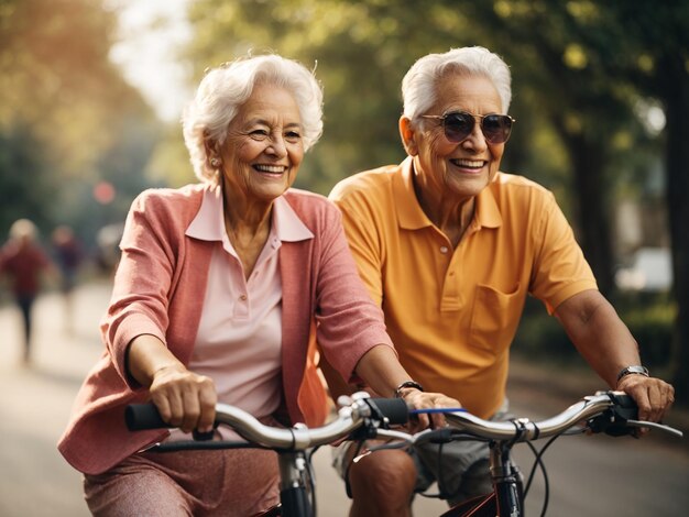 Un couple de personnes âgées heureux à vélo