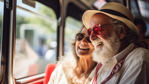 Un couple de personnes âgées heureux voyageant dans un bus avec un arrière-plan flou et un espace de copie pour le placement du texte