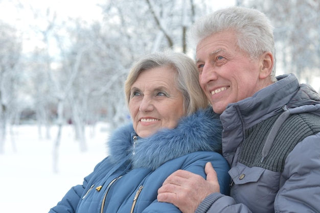 Couple de personnes âgées à l'hiver à l'extérieur