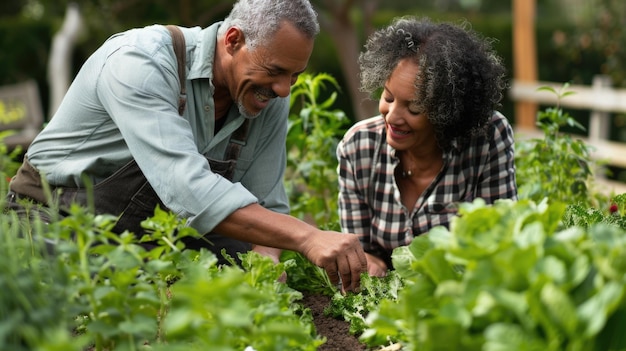 Un couple de personnes âgées jardinent ensemble, plantant des légumes dans le jardin.