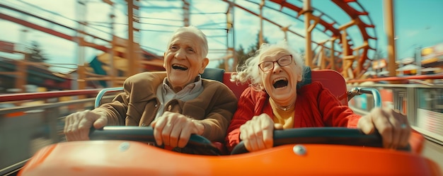 Un couple de personnes âgées jubilant au milieu d'une randonnée en montagne russe incarne les joies du vieillissement Concept Aventures passionnantes à tout âge Embrassant la joie de vieillissement Roller Coaster Fun pour les personnes âgées