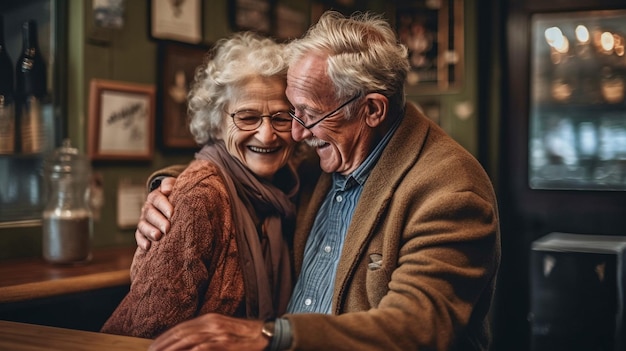 Un couple de personnes âgées avec des lunettes se câlinant pendant une période tendue The Generative AI