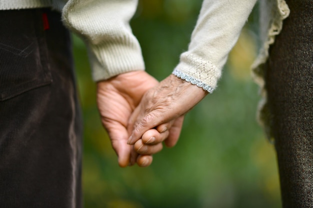 Couple de personnes âgées main dans la main dans le parc d'automne