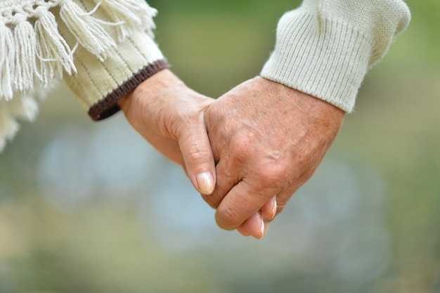 Couple de personnes âgées main dans la main dans le parc d'automne