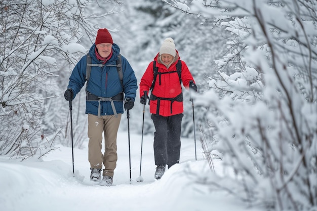 Un couple de personnes âgées marchent ensemble dans une forêt enneigée avec des bâtons de marche nordiques