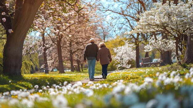 Un couple de personnes âgées marchent main dans la main parmi les arbres en fleurs