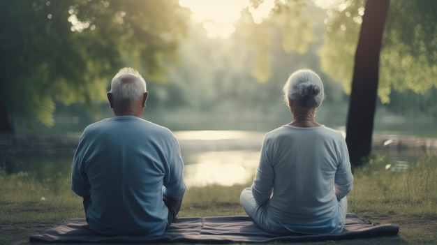 Un couple de personnes âgées méditant sur un tapis de yoga devant un lac