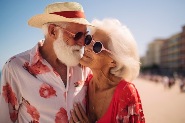 un couple de personnes âgées à la mode profite de ses vacances et de sa vie et montre son doux amour