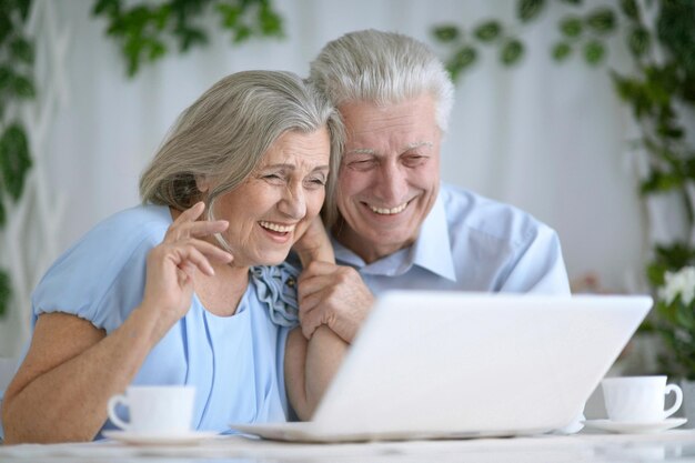 Couple de personnes âgées avec un ordinateur portable